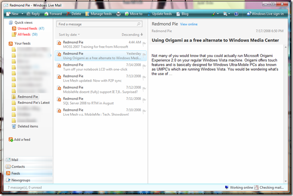 RSS Feeds in Windows Live Mail