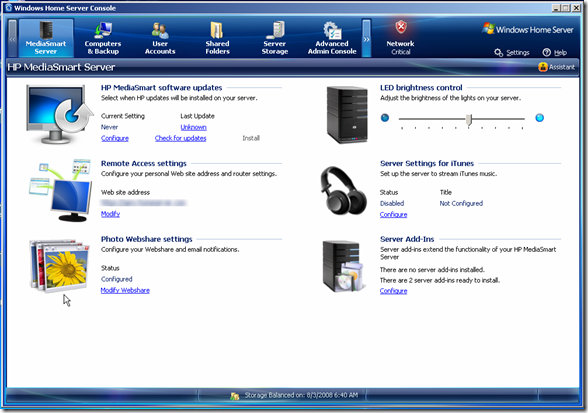 HP MediaSmart Server Addin in WHS Console