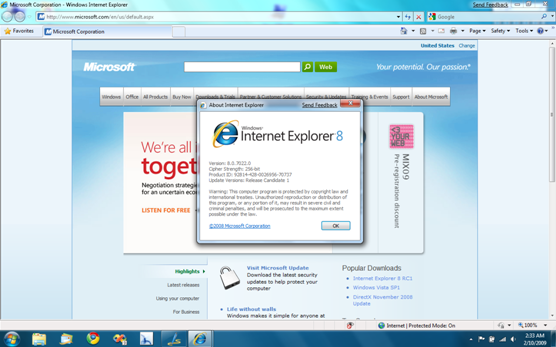 Windows 7 Build 7022 - IE 8 RC1