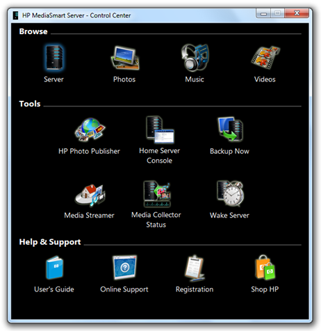 HP MediaSmart Server 2.5 Control Panel