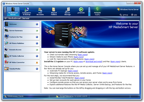 HP MediaSmart Server 2.5 in WHS Console