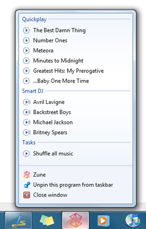 Support for Jump Lists in Windows 7